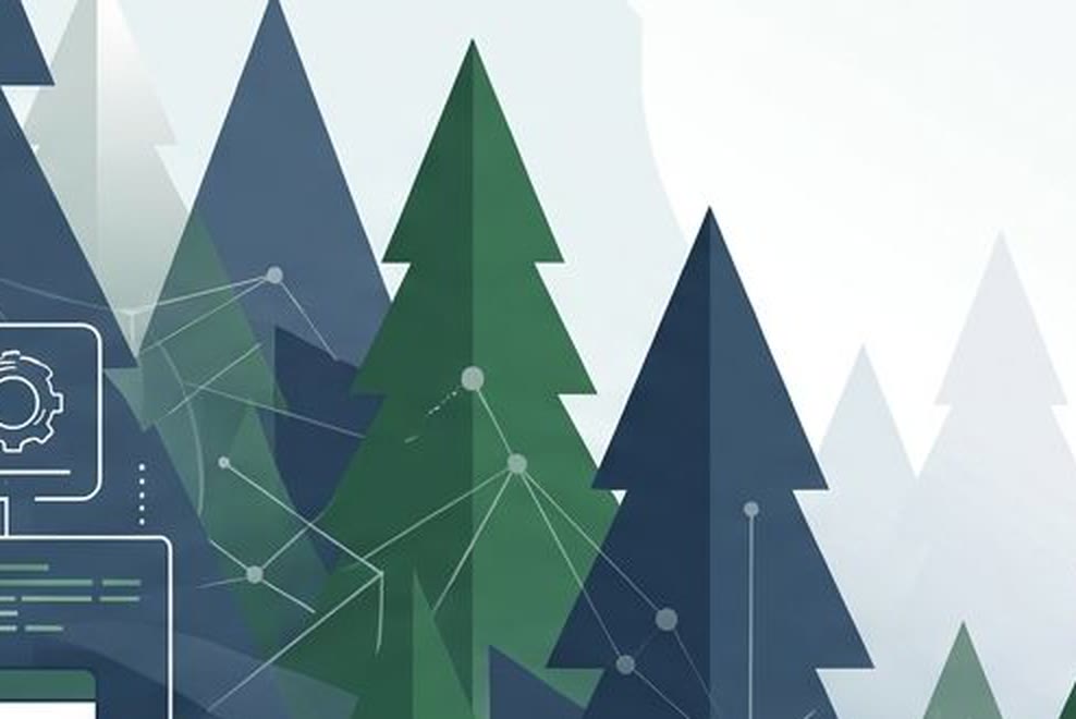 Stackpine illustration: pine trees and software windows
