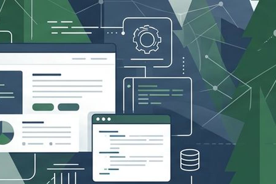Stackpine illustration: software windows and a data network set among pine trees